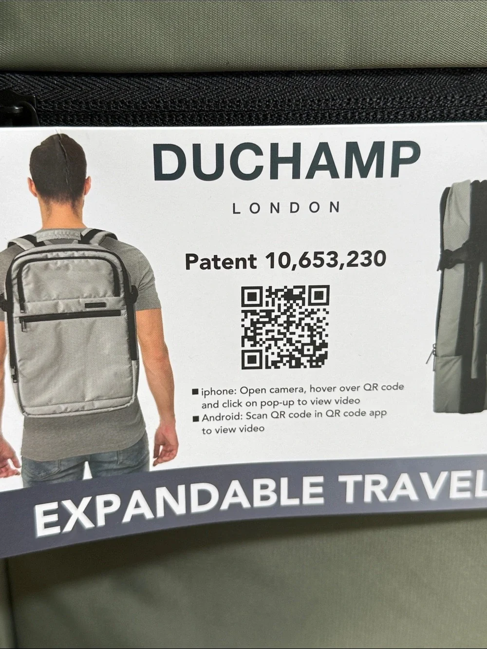 Duchamp Olive Green Expandable Travel Backpack/Suitcase w/ laptop pocket & USB.
